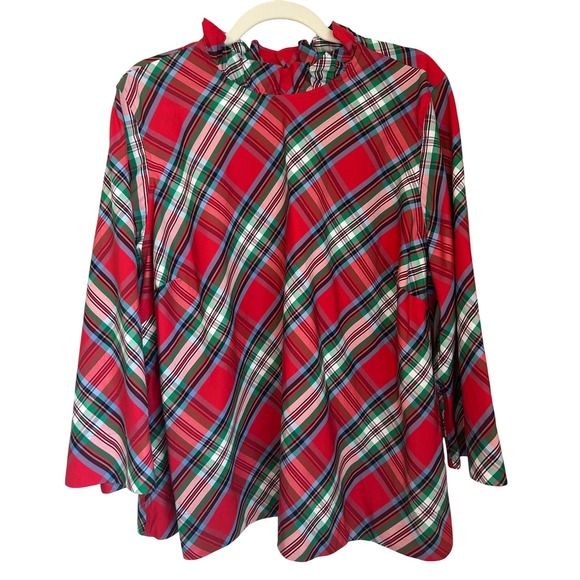 Lands End Womens 2X 20-22W Red Tartan Plaid Ruffle Neck Blouse Holiday Christmas - Picture 1 of 5
